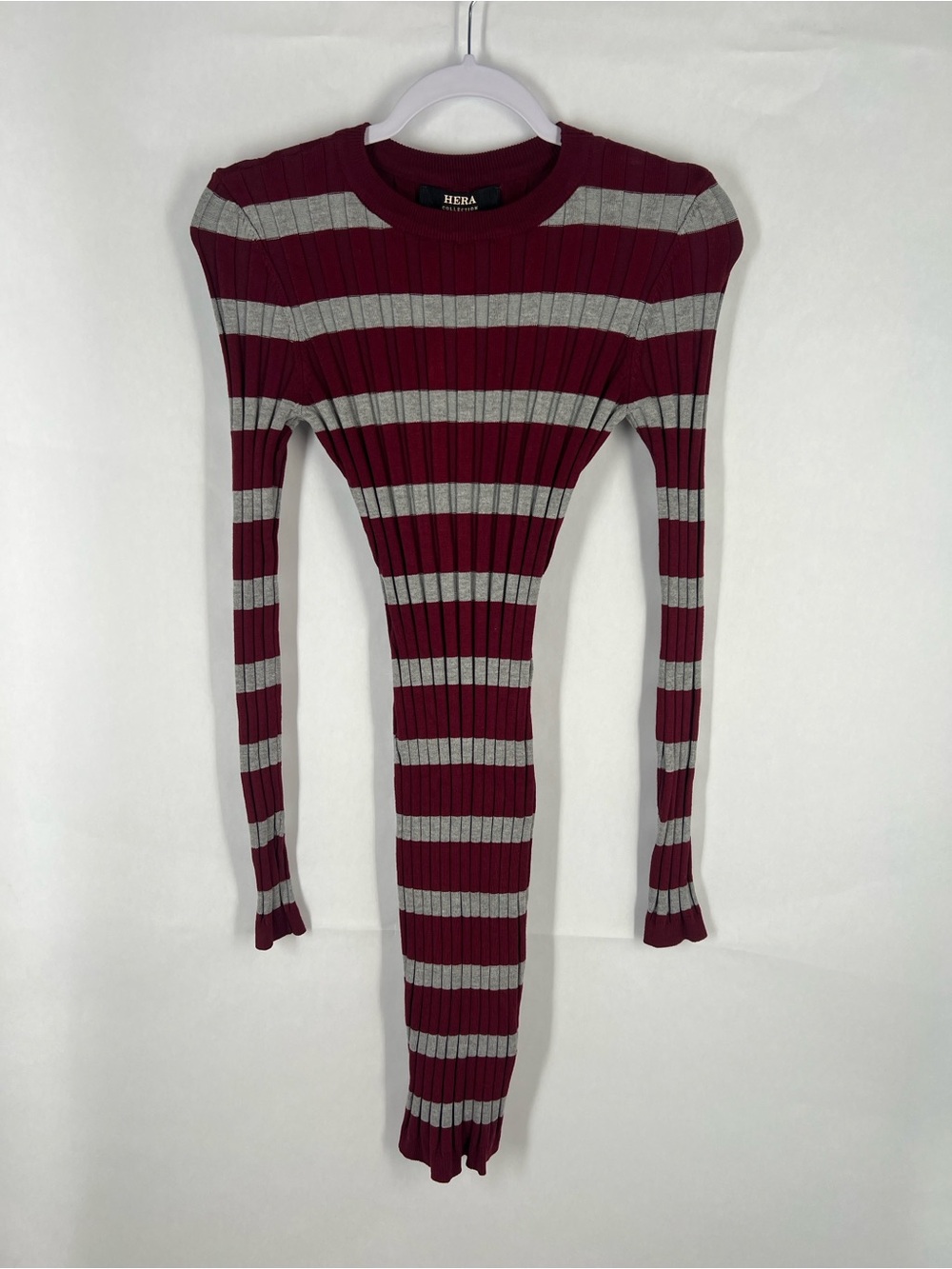 Hera Collection Striped Ribbed Knit Top - Burgundy & Light Gray